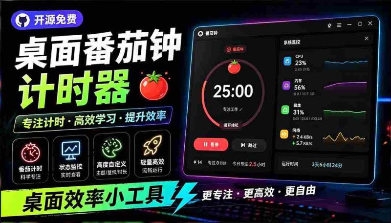 （19564期）仅1.16MB，开源极简的桌面时钟、番茄钟计时器，还支持系统监控显示，桌面效率小工具 Catime-OG资源站