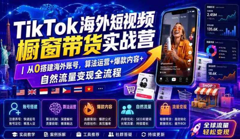 TikTok海外短视频橱窗带货实战营|从0搭建海外账号,算法运营+爆款内容+自然流量变现全流程-OG资源站