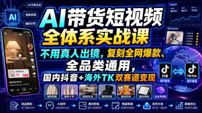 AI带货短视频全体系实战课，不用真人出镜，复刻全网爆款、全品类通用，国内抖音+海外TK双赛道变现-OG资源站