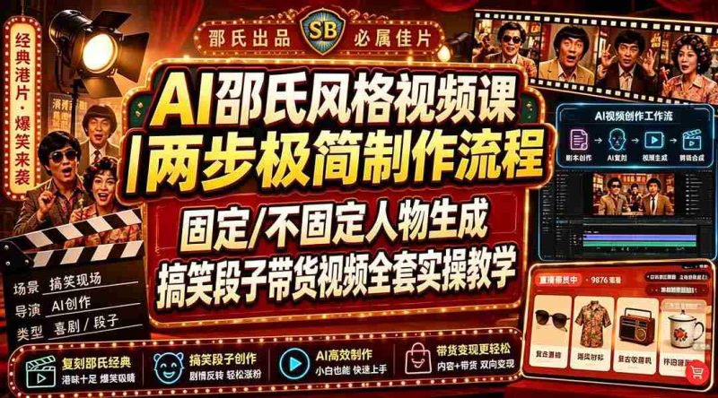 (19602期)AI邵氏风格视频课|两步极简制作流程,固定/不固定人物生成,搞笑段子带货视频全套实操教学-OG资源站