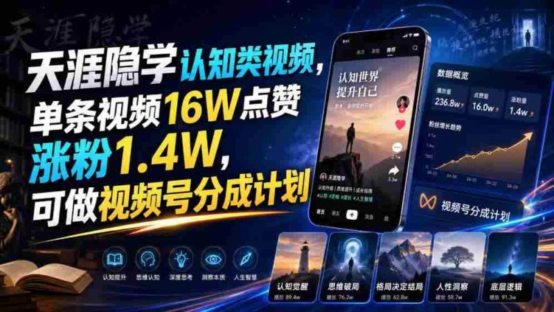天涯隐学认知类视频,单条视频16W点赞涨粉1.4W,可做视频号分成计划-OG资源站