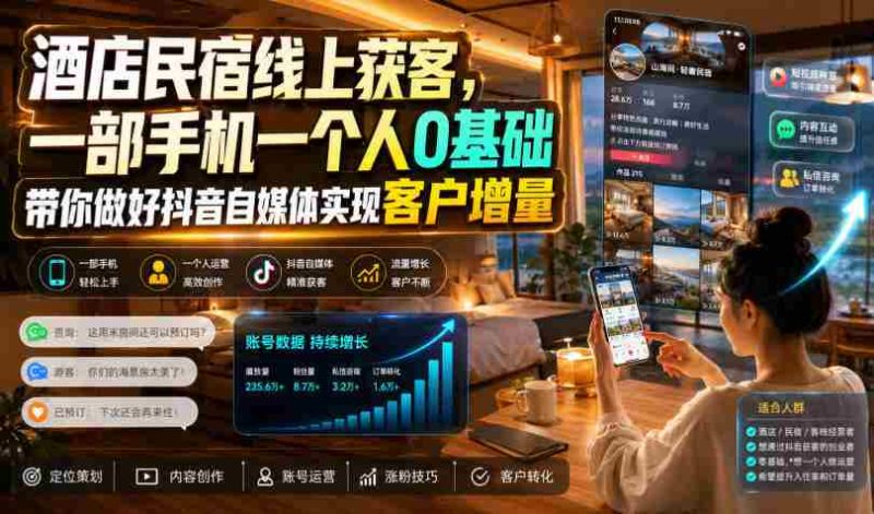 酒店民宿线上获客，一部手机一个人0基础带你做好抖音自媒体实现客户增量-OG资源站