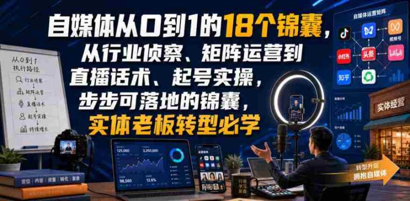 自媒体从0到1的18个锦囊，从行业侦察、矩阵运营到直播话术、起号实操，步步可落地的锦囊，实体老板转型必学-OG资源站