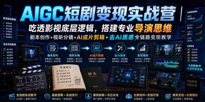 AIGC短剧变现实战营|吃透影视底层逻辑,搭建专业导演思维,剧本创作+视听分镜+AI成片剪辑+去AI质感全链路变现教学-OG资源站