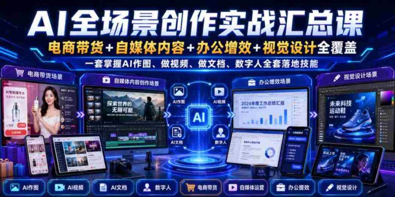 AI全场景创作实战汇总课|电商带货+自媒体内容+办公增效+视觉设计全覆盖,一套掌握AI作图、做视频、做文档、数字人全套落地技能-OG资源站