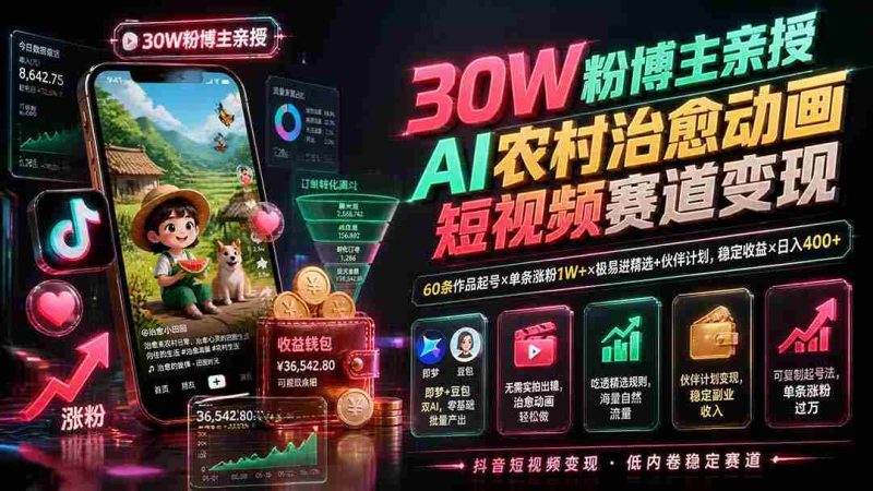 （19648期）30W粉博主亲授AI农村治愈动画短视频赛道变现：60条作品起号×单条涨粉1W+×极易进精选+伙伴计划，稳定收益×日入400+-OG资源站