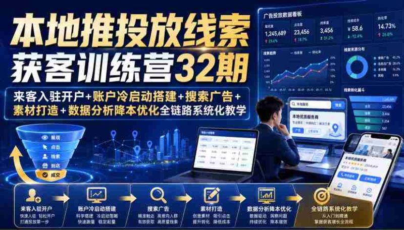 本地推投放线索获客训练营32期|来客入驻开户+账户冷启动搭建+搜索广告+素材打造+数据分析降本优化全链路系统化教学(8月全新课程)-OG资源站