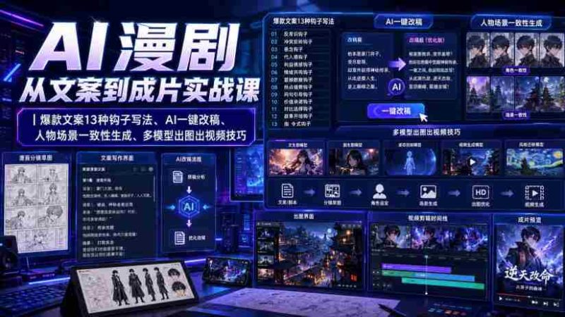 AI漫剧从文案到成片实战课|爆款文案13种钩子写法、AI一键改稿、人物场景一致性生成、多模型出图出视频技巧-OG资源站