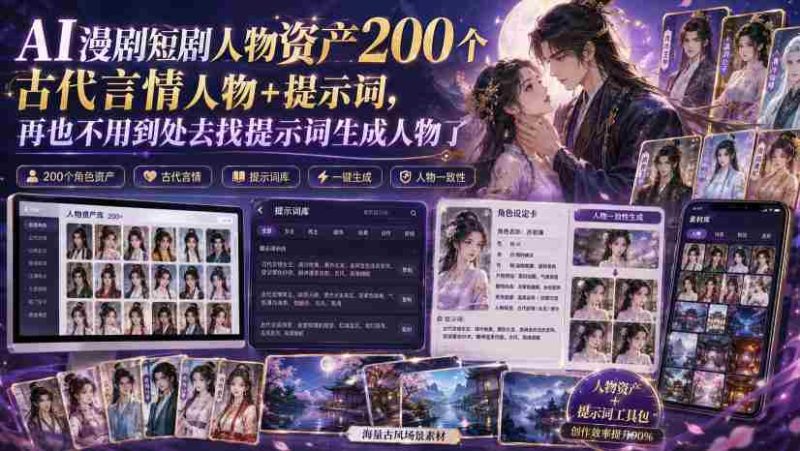 AI漫剧短剧人物资产200个古代言情人物+提示词,再也不用到处去找提示词生成人物了-OG资源站