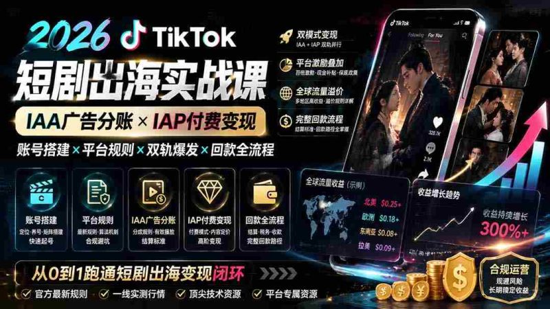 (19740期)2026TikTok短剧出海实战课:IAA广告分账×IAP付费变现×账号搭建×平台规则×双轨爆发×回款全流程-OG资源站