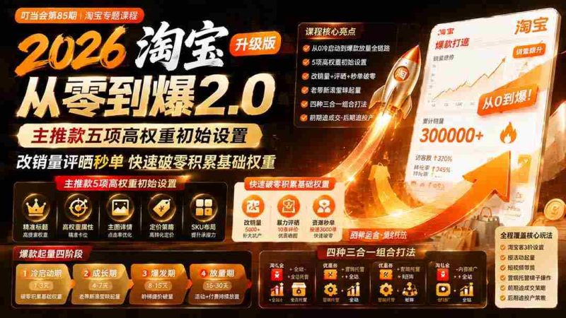 (19742期)2026淘宝从零到爆2.0第85期;主推款五项高权重初始设置,改销量评晒秒单快速破零积累基础权重-OG资源站