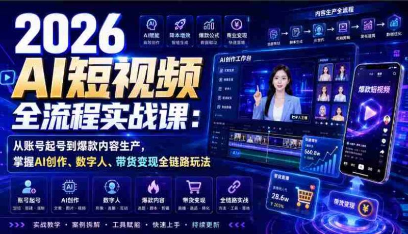 2026 AI短视频全流程实战课:从账号起号到爆款内容生产,掌握AI创作、数字人、带货变现全链路玩法-OG资源站