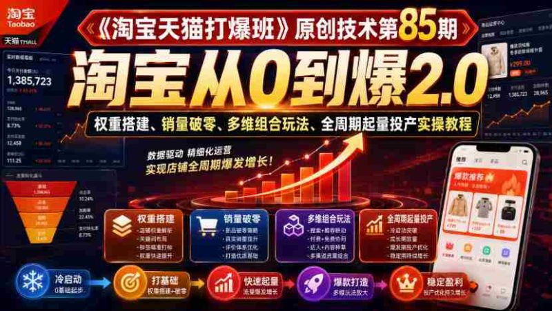 《淘宝天猫打爆班》原创技术第85期,淘宝从0到爆2.0,权重搭建、销量破零、多维组合玩法、全周期起量投产实操教程-OG资源站