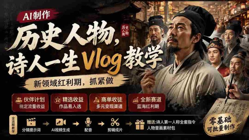 (19758期)历史人物,诗人一生Vlog教学, AI制作丨伙伴计划丨精选收益丨商单收徒 ,新领域红利期,抓紧做-OG资源站