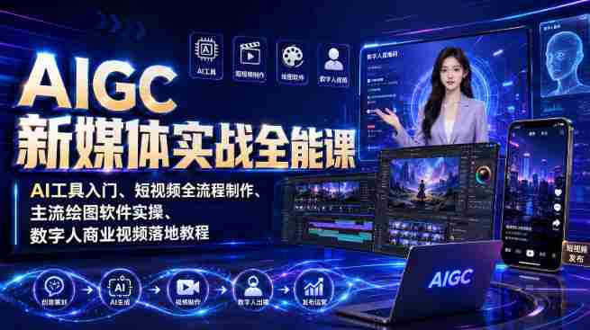 AIGC新媒体实战全能课|AI工具入门、短视频全流程制作、主流绘图软件实操、数字人商业视频落地教程-OG资源站