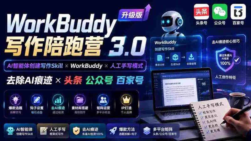 (19920期)WorkBuddy写作陪跑营3.0-更新:Ai智能体创建写作Skill×WorkBuddy×人工手写模式×去除AI痕迹×头条公众号百家号-OG资源站