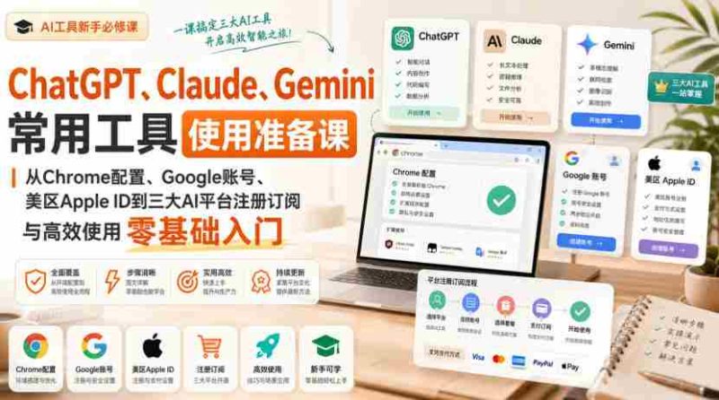 ChatGPT、Claude、Gemini常用工具使用准备课|从Chrome配置、Google账号、美区Apple ID到三大AI平台注册订阅与高效使用零基础入门-OG资源站