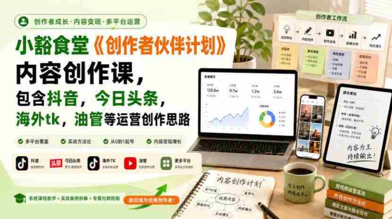 小豁食堂《创作者伙伴计划》内容创作课,包含抖音,今日头条,海外tk,油管等运营创作思路-OG资源站
