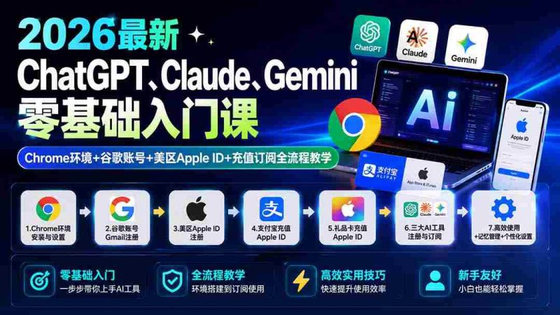 （19923期）2026最新ChatGPT、Claude、Gemini零基础入门课：Chrome环境+谷歌账号+美区Apple ID+充值订阅全流程教学-OG资源站