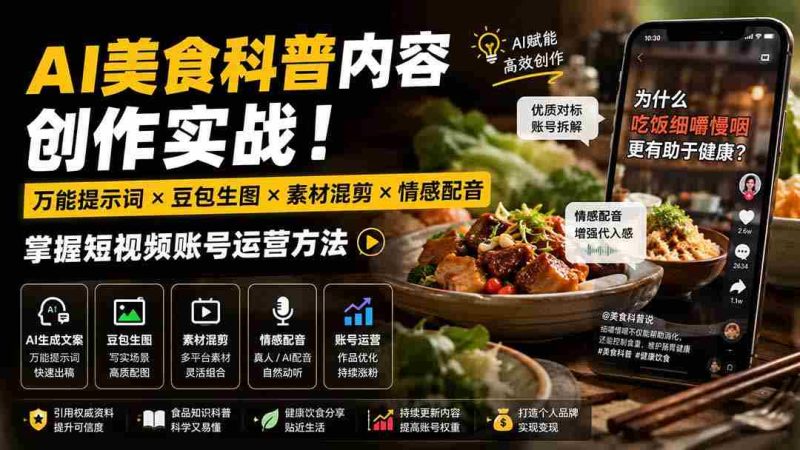 (19730期)外面卖199元-AI美食科普内容创作实战!万能提示词×豆包生图×素材混剪×情感配音,掌握短视频账号运营方法-OG资源站