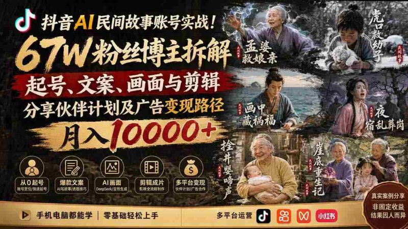 (19738期)抖音AI民间故事账号实战!67W粉丝博主拆解起号、文案、画面与剪辑,分享伙伴计划及广告变现路径,月入10000+-OG资源站