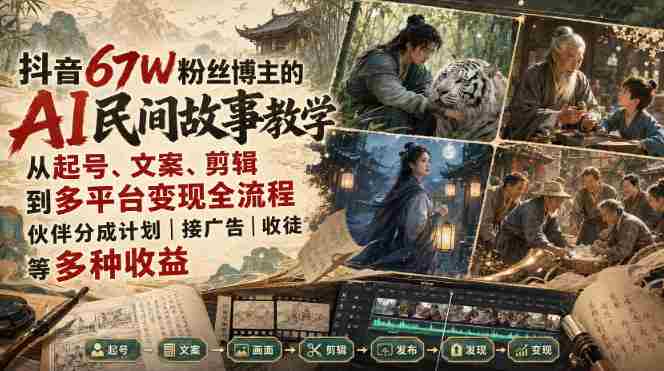 抖音67W粉丝博主的AI民间故事教学,从起号、文案、剪辑到多平台变现全流程,伙伴分成计划接广告等多种收益,月入1W+-OG资源站