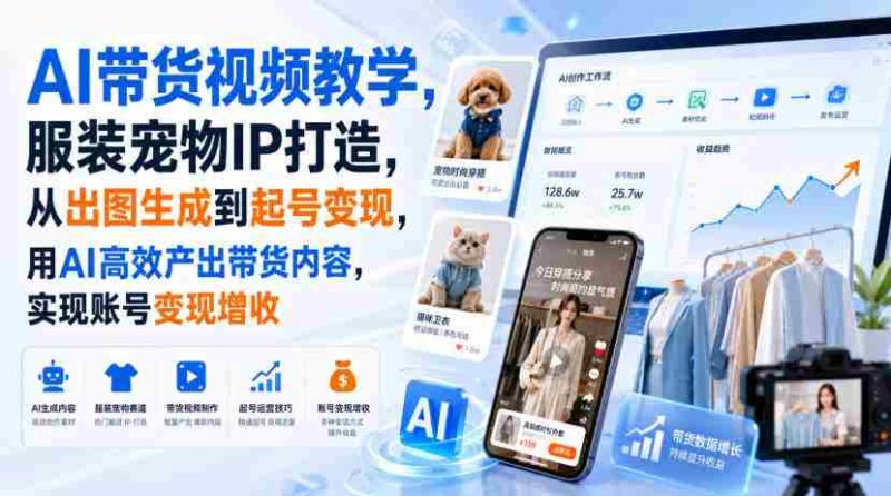 AI带货视频教学,服装宠物IP打造,从出图生成到起号变现,用AI高效产出带货内容,实现账号变现增收-OG资源站