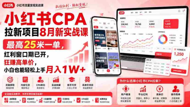 小红书CPA拉新项目8月新实战课,最高25米一单,红利窗口期已开,狂賺高单价,小白也能轻松上手月入1W+-OG资源站