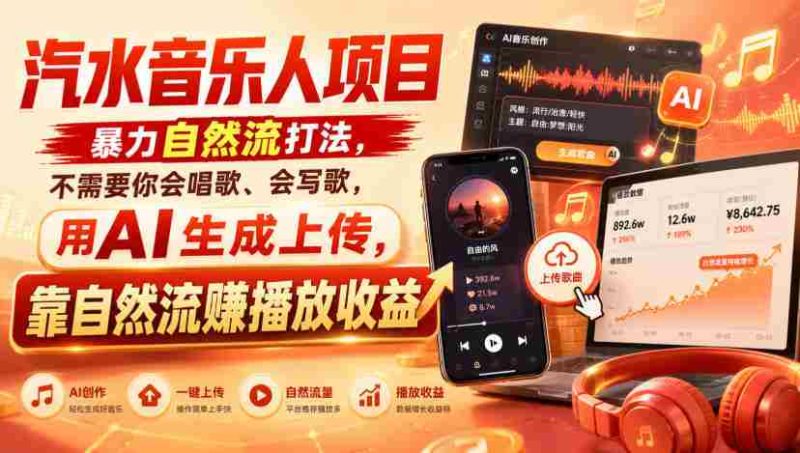 汽水音乐人项目,暴力自然流打法,不需要你会唱歌、会写歌,用AI生成上传,靠自然流賺播放收益-OG资源站
