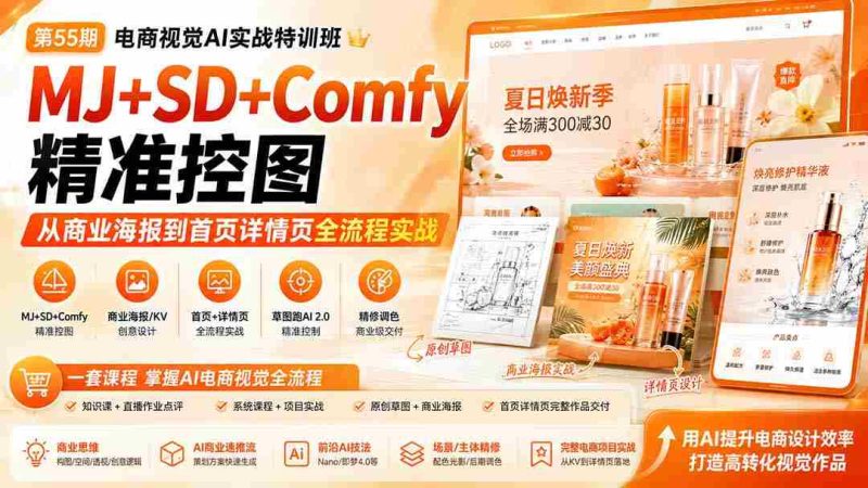 (20027期)电商视觉 AI实战训练营第55期:MJ+SD+Comfy精准控图,从商业海报到首页详情页全流程实战-OG资源站