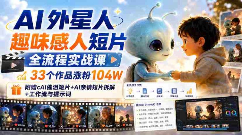 AI外星人趣味感人短片全流程实战课,33个作品涨粉104W,附赠AI催泪短片+AI亲情短片拆解+工作流与提示词-OG资源站