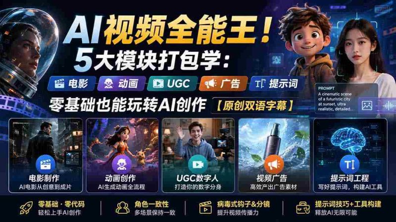 (20048期)AI视频全能王!5大模块打包学:电影、动画、UGC、广告、提示词,零基础也能玩转AI创作【原创双语字幕】-OG资源站