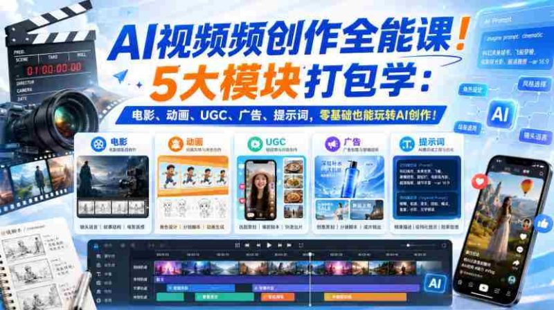 AI视频频创作全能课！5大模块打包学：电影、动画、UGC、广告、提示词，零基础也能玩转AI创作！【原创双语字幕】-OG资源站