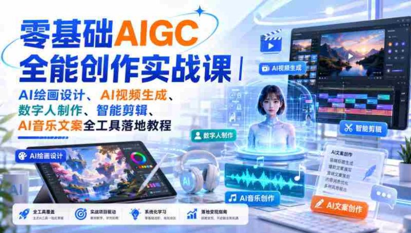 零基础AIGC全能创作实战课|AI绘画设计、AI视频生成、数字人制作、智能剪辑、AI音乐文案全工具落地教程-OG资源站