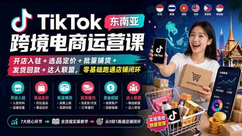 (20059期)TikTok东南亚跨境电商运营课:开店入驻+选品定价+批量铺货+发货回款+达人联盟,零基础跑通店铺闭环-OG资源站