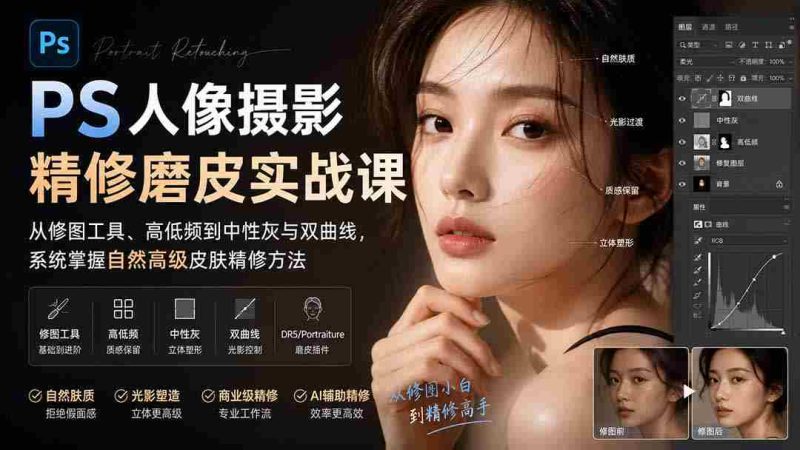 (20061期)PS人像摄影精修磨皮实战课:从修图工具、高低频到中性灰与双曲线,系统掌握自然高级皮肤精修方法-OG资源站