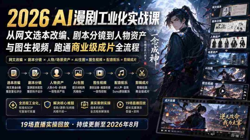 （20068期）2026 AI漫剧工业化实战课-更新：从网文选本改编、剧本分镜到人物资产与图生视频，跑通商业级成片全流程-OG资源站