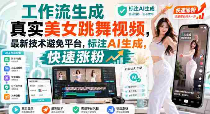 工作流生成真实美女跳舞视频，最新技术避免平台，标注AI生成，快速涨粉-OG资源站