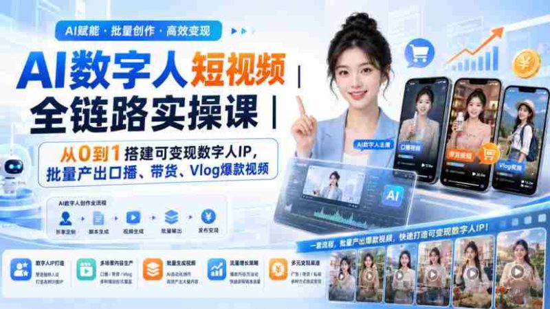 AI数字人短视频全链路实操课｜从0到1搭建可变现数字人IP，批量产出口播、带货、Vlog爆款视频-OG资源站
