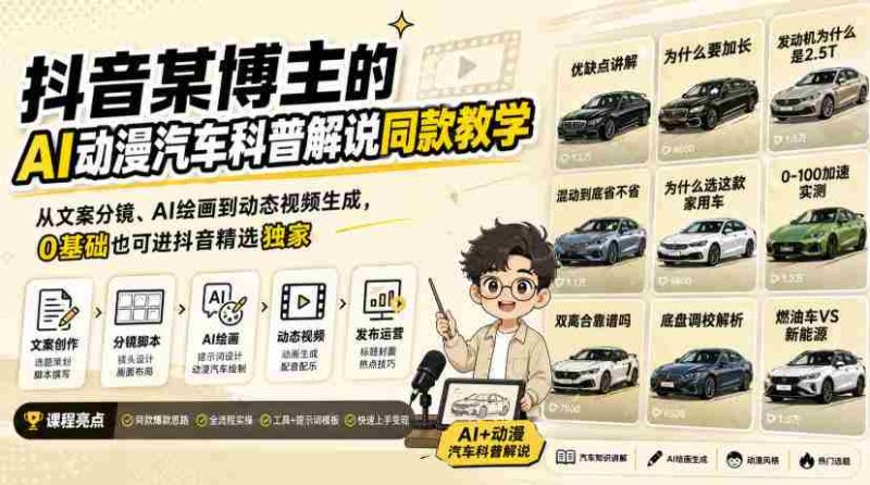 抖音某博主的AI动漫汽车科普解说同款教学,从文案分镜、AI绘画到动态视频生成,0基础解锁抖音精选独家收益-OG资源站