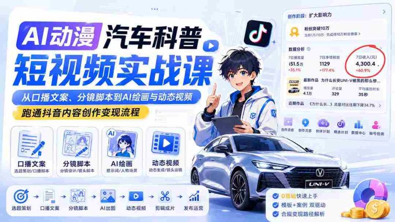 （20098期）AI动漫汽车科普短视频实战课：从口播文案、分镜脚本到AI绘画与动态视频，跑通抖音内容创作变现流程-OG资源站