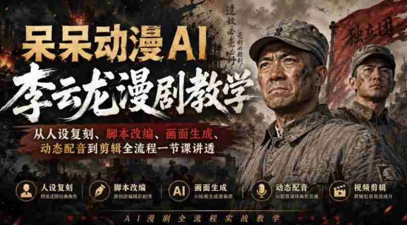呆呆动漫AI李云龙漫剧教学，从人设复刻、脚本改编、画面生成、动态配音到剪辑全流程一节课讲透-OG资源站