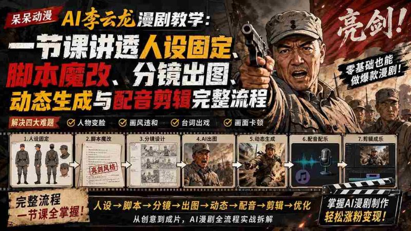 (20107期)呆呆动漫AI李云龙漫剧教学:一节课讲透人设固定、脚本魔改、分镜出图、动态生成与配音剪辑完整流程-OG资源站