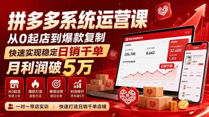 (20124期)拼多多系统运营课(更新8月),从0起店到爆款复制,快速实现稳定日销千单,月利润破5万-OG资源站