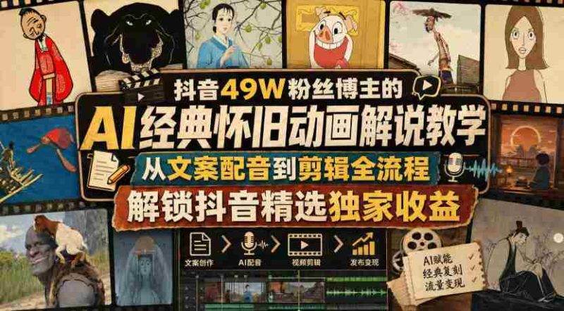 抖音49W粉丝博主的AI经典怀旧动画解说教学,从文案配音到剪辑全流程,解锁抖音精选独家收益-OG资源站