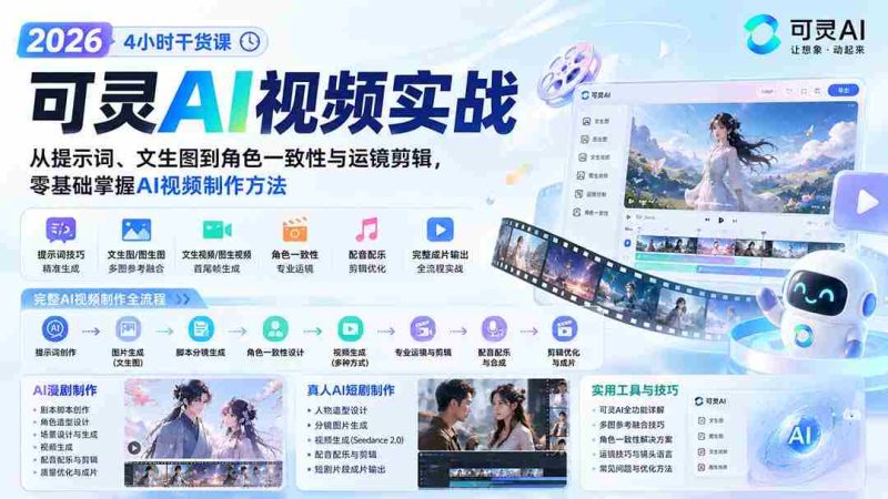 (20136期)2026可灵AI视频实战-4小时干货课:从提示词、文生图到角色一致性与运镜剪辑,零基础掌握AI视频制作方法-OG资源站
