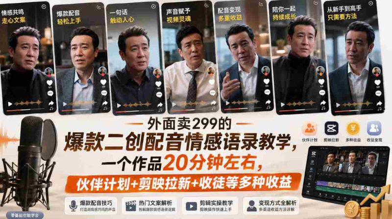 外面卖299的爆款二创配音情感语录教学，一个作品20分钟左右，伙伴计划+剪映拉新+收徒等多种收益-OG资源站