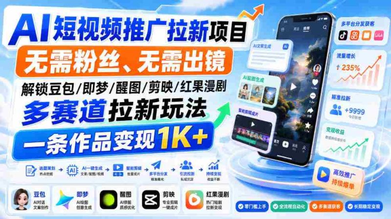 AI短视频推广拉新项目,无需粉丝、无需出镜,解锁豆包/即梦/醒图/剪映/红果漫剧多赛道拉新玩法,一条作品变现1K+-OG资源站