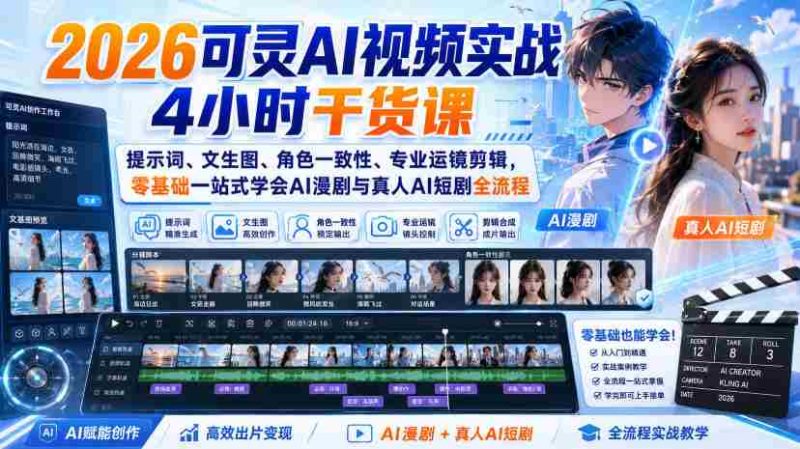 2026可灵AI视频实战4小时干货课|提示词、文生图、角色一致性、专业运镜剪辑,零基础一站式学会AI漫剧与真人AI短剧全流程-OG资源站