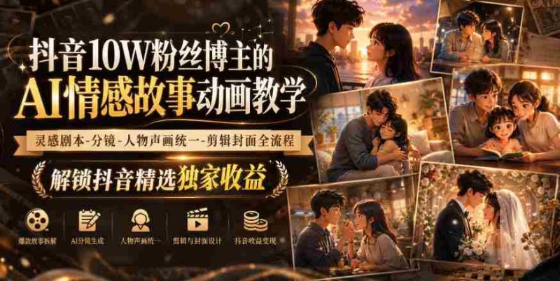 抖音10W粉丝博主的AI情感故事动画教学,灵感剧本‑分镜‑人物声画统一‑剪辑封面全流程,解锁抖音精选独家收益-OG资源站